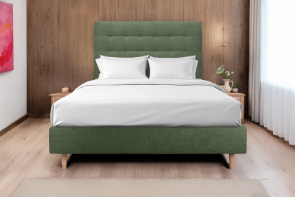 Lit 140x190 cm - Sommier tapissier H35 cm + tête de lit capitonnée - Tissu Toile natté Vert Kaki
