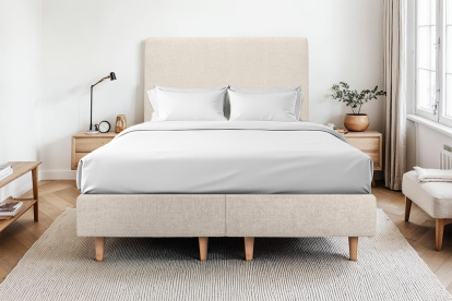 Lit 2x 100x200 cm - Sommier tapissier H35 cm + tête de lit tapissée - Tissu Toile natté Beige Clair