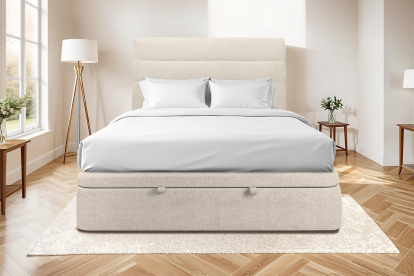 Lit coffre 140x190 cm avec Tête de lit à lignes - Tissu Toile natté Beige Clair
