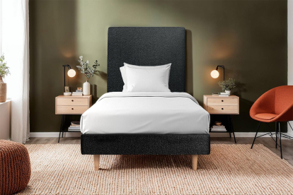 Lit 90x200 cm - Sommier tapissier H29 cm + tête de lit tapissée - Tissu Bouclette Noir