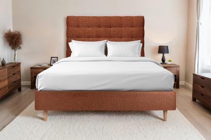Lit 140x200 cm - Sommier tapissier H35 cm + tête de lit capitonnée - Tissu Bouclette Terracotta