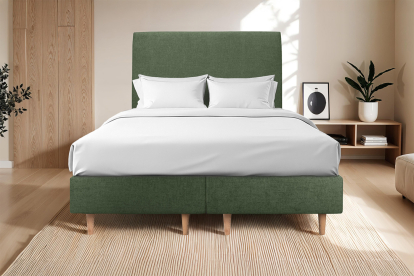 Lit 2x 90x200 cm - Sommier tapissier H35 cm + tête de lit tapissée - Tissu Toile natté Vert Kaki