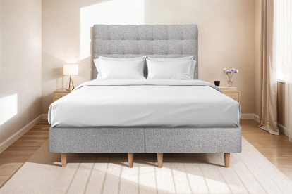 Lit 2x 100x200 cm - Sommier tapissier H35 cm + tête de lit capitonnée - Tissu Bouclette Gris