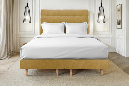 Lit 2x 90x200 cm - Sommier tapissier H29 cm + tête de lit capitonnée - Tissu Toile natté Jaune