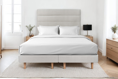 Lit 2x 90x200 cm - Sommier tapissier H29 cm + tête de lit à lignes - Tissu Velours Gris Clair
