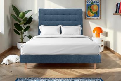Lit 180x200 cm - Sommier à lattes H29 cm + tête de lit capitonnée - Tissu Toile natté Bleu Océan