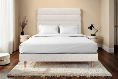 Lit 140x190 cm - Sommier à lattes H29 cm + tête de lit à lignes - Tissu Toile natté Beige Clair