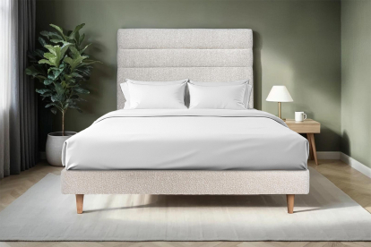 Lit 140x200 cm - Sommier à lattes H29 cm + tête de lit à lignes - Tissu Bouclette Beige Clair