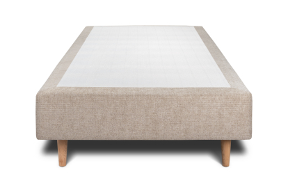 Lit 90x200 cm - Sommier tapissier H35 cm + tête de lit à lignes - Tissu Toile natté Beige Brun