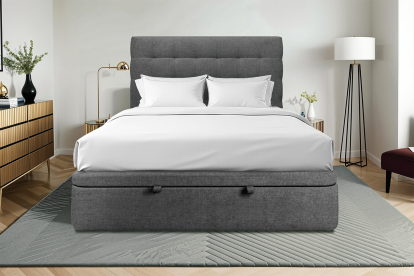 Lit coffre 140x200 cm avec Tête de lit capitonnée - Tissu Toile natté Gris Anthracite