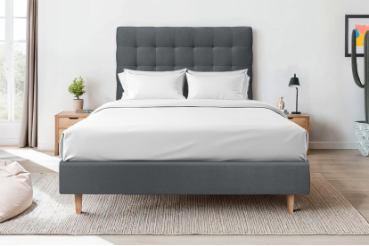 Lit 140x190 cm - Sommier tapissier H35 cm + tête de lit capitonnée - Tissu Velours Gris Anthracite