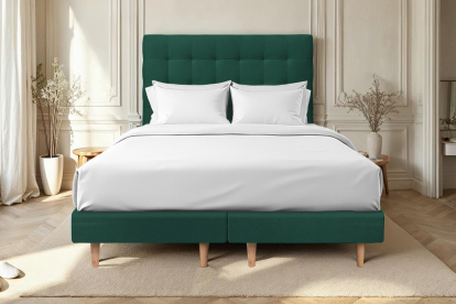 Lit 2x 80x200 cm - Sommier tapissier H29 cm + tête de lit capitonnée - Tissu Velours Vert