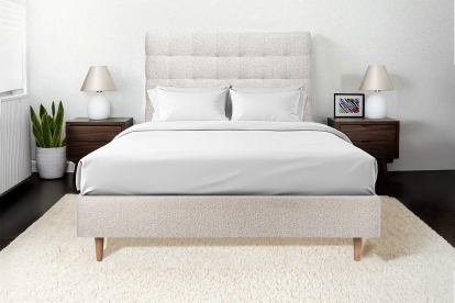 Lit 160x200 cm - Sommier tapissier H35 cm + tête de lit capitonnée - Tissu Bouclette Beige Clair