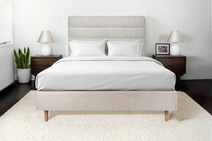 Lit 140x200 cm - Sommier tapissier H35 cm + tête de lit à lignes - Tissu Bouclette Beige Clair