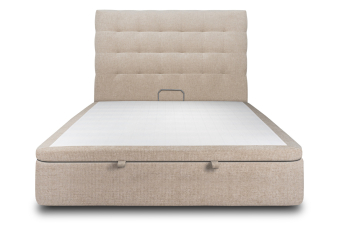 Lit coffre 180x200 cm avec Tête de lit capitonnée - Tissu Toile natté Beige Brun