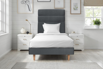 Lit 90x200 cm - Sommier tapissier H29 cm + tête de lit à lignes - Tissu Velours Gris Anthracite