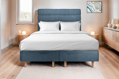Lit 2x 80x200 cm - Sommier tapissier H35 cm + tête de lit à lignes - Tissu Bouclette Bleu