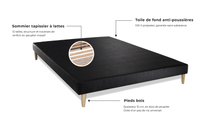 Pack lit complet 180x200 cm - Matelas + 2 Sommiers noirs + 2 oreillers + Couette - Lancaster
