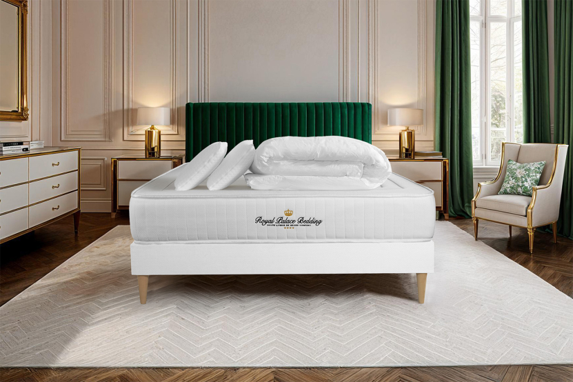 Pack lit complet 140x190 cm - Matelas + Sommier Blanc (en kit) + 2 oreillers + Couette - Lancaster