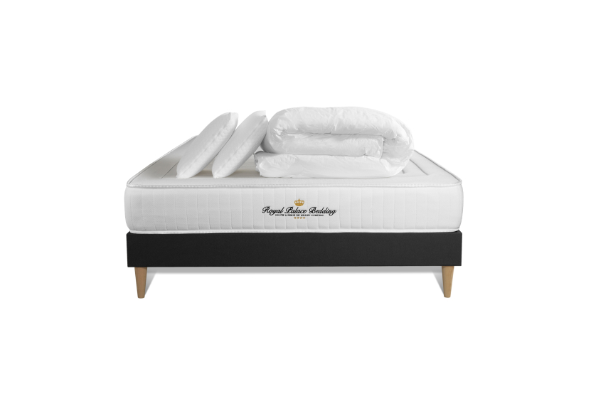 Pack lit complet 140x190 cm - Matelas + Sommier Noir + 2 oreillers + Couette - Nottingham