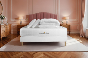 Pack lit complet 200x200 cm - Matelas + Sommier Blanc (en kit) + 2 oreillers + Couette - Buckingham