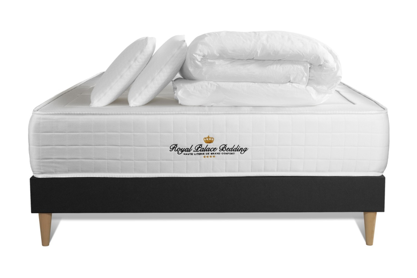 Pack lit complet 180x200 cm - Matelas + Sommier Noir (en kit) + 2 oreillers + Couette - Windsor
