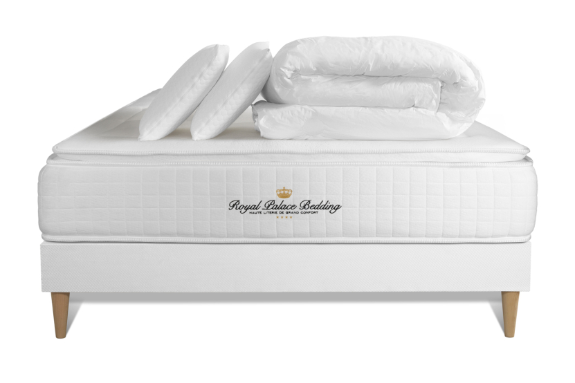 Pack lit complet 180x200 cm - Matelas + Sommier Blanc (en kit) + 2 oreillers + Couette - George V