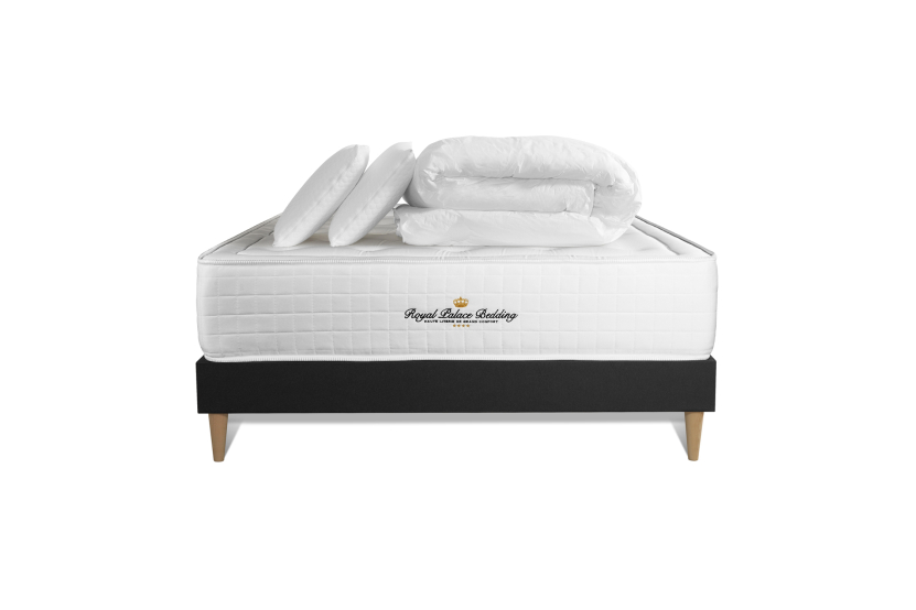 Pack lit complet 200x200 cm - Matelas + Sommier Noir (en kit) + 2 oreillers + Couette - Buckingham