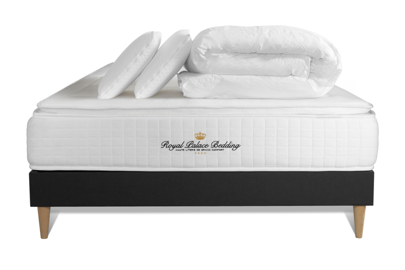 Pack lit complet 140x190 cm - Matelas + Sommier Noir + 2 oreillers + Couette - George V