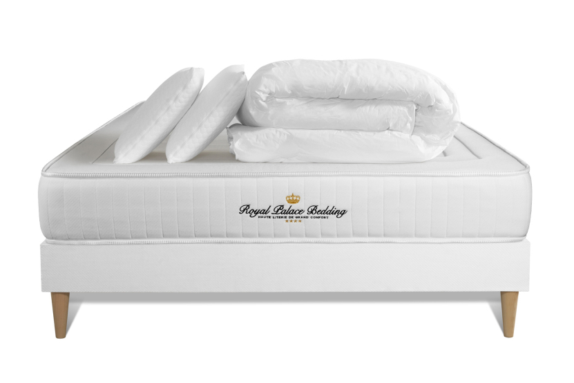 Pack lit complet 140x190 cm - Matelas + Sommier Blanc (en kit) + 2 oreillers + Couette - Lancaster