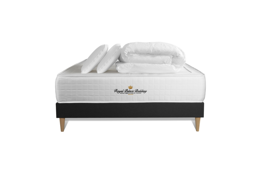 Pack lit complet 140x190 cm - Matelas + Sommier Noir + 2 oreillers + Couette - Windsor