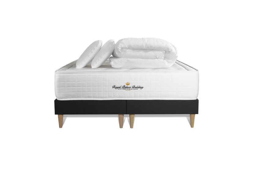Pack lit complet 160x200 cm - Matelas + 2 Sommiers noirs + 2 oreillers + Couette - Buckingham